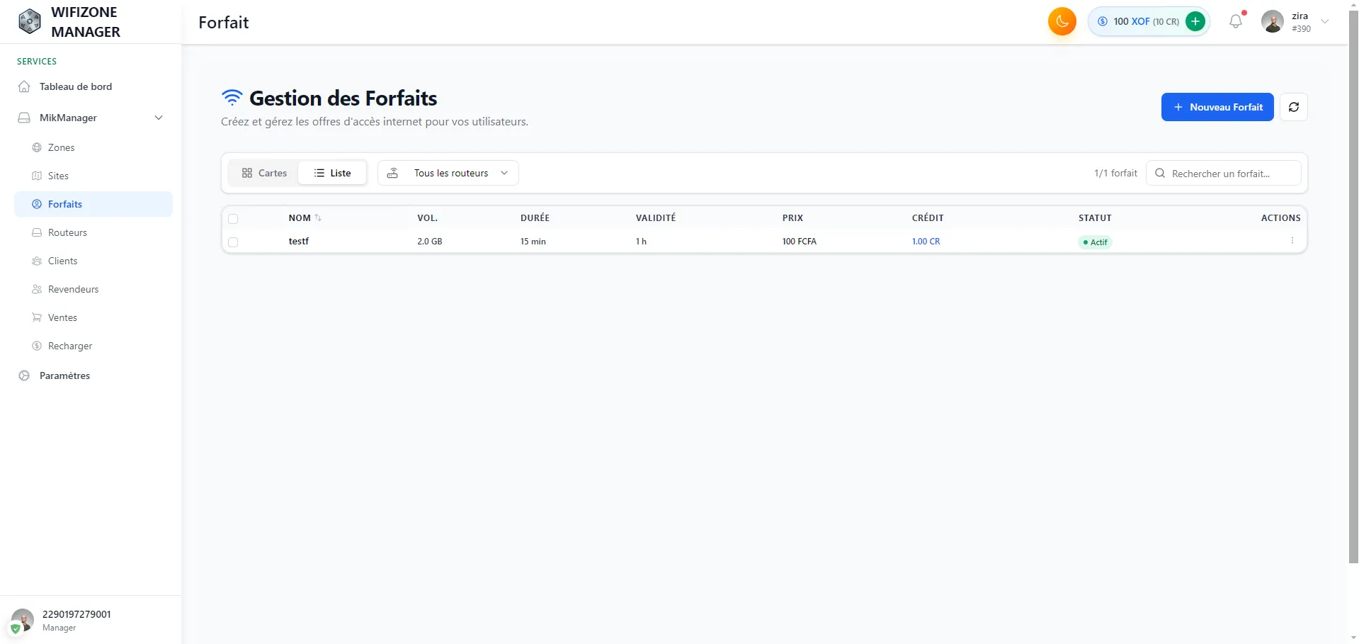 Dashboard gestion des forfaits avec volume duree validite et prix en FCFA
