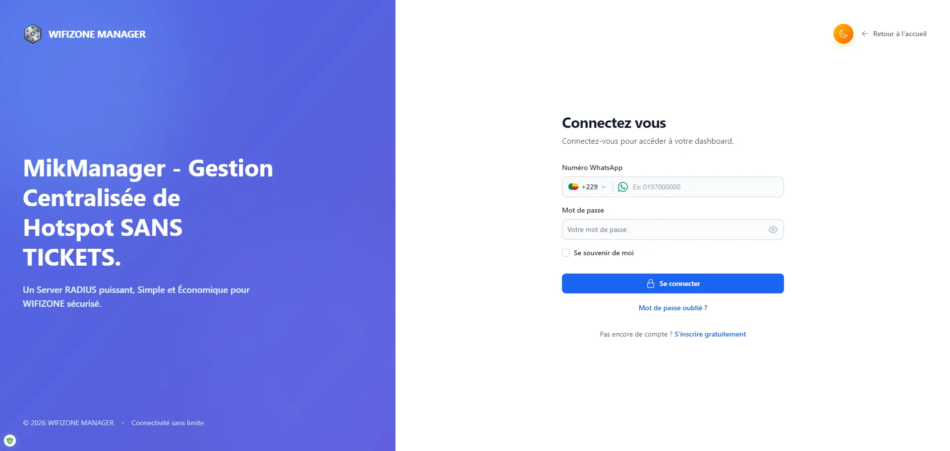 Page de connexion WifiZone Manager avec authentification WhatsApp