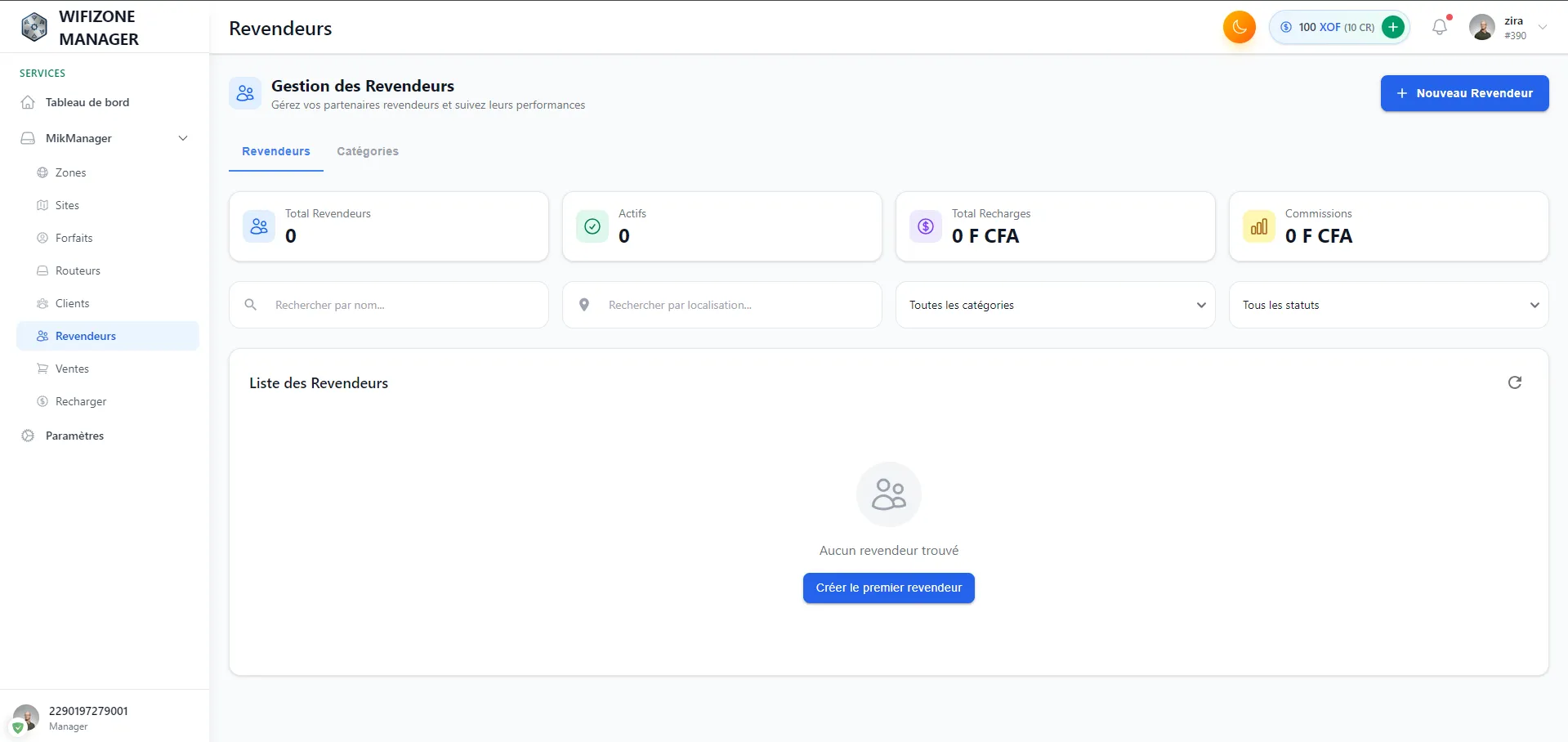 Interface gestion des revendeurs avec statistiques recharges et commissions
