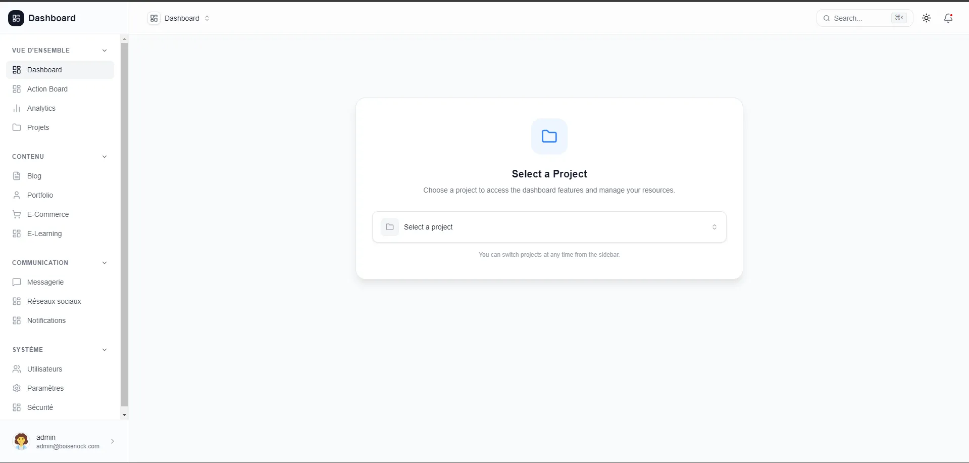 ZodBack admin dashboard showing project selection and navigation modules