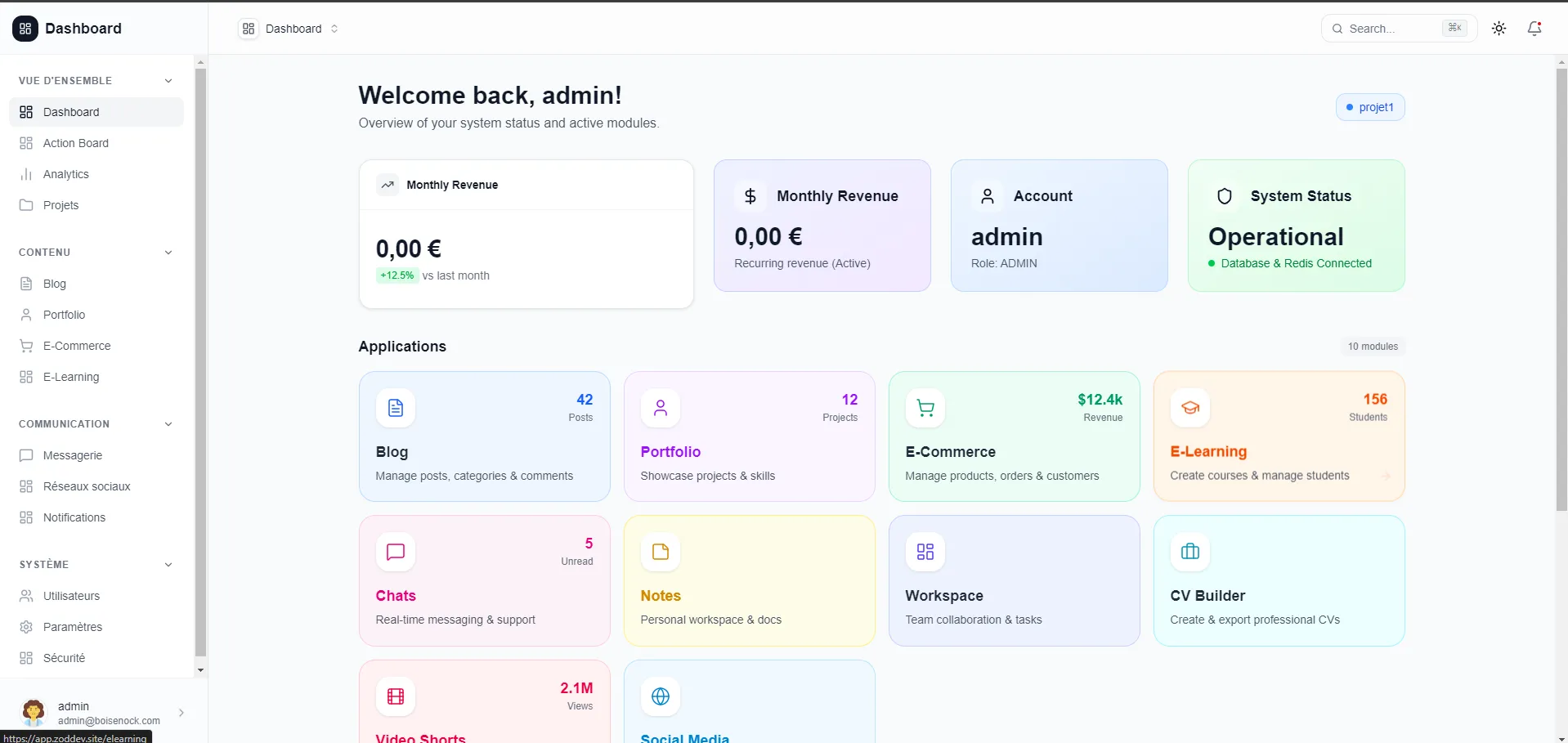 ZodBack dashboard overview with applications modules