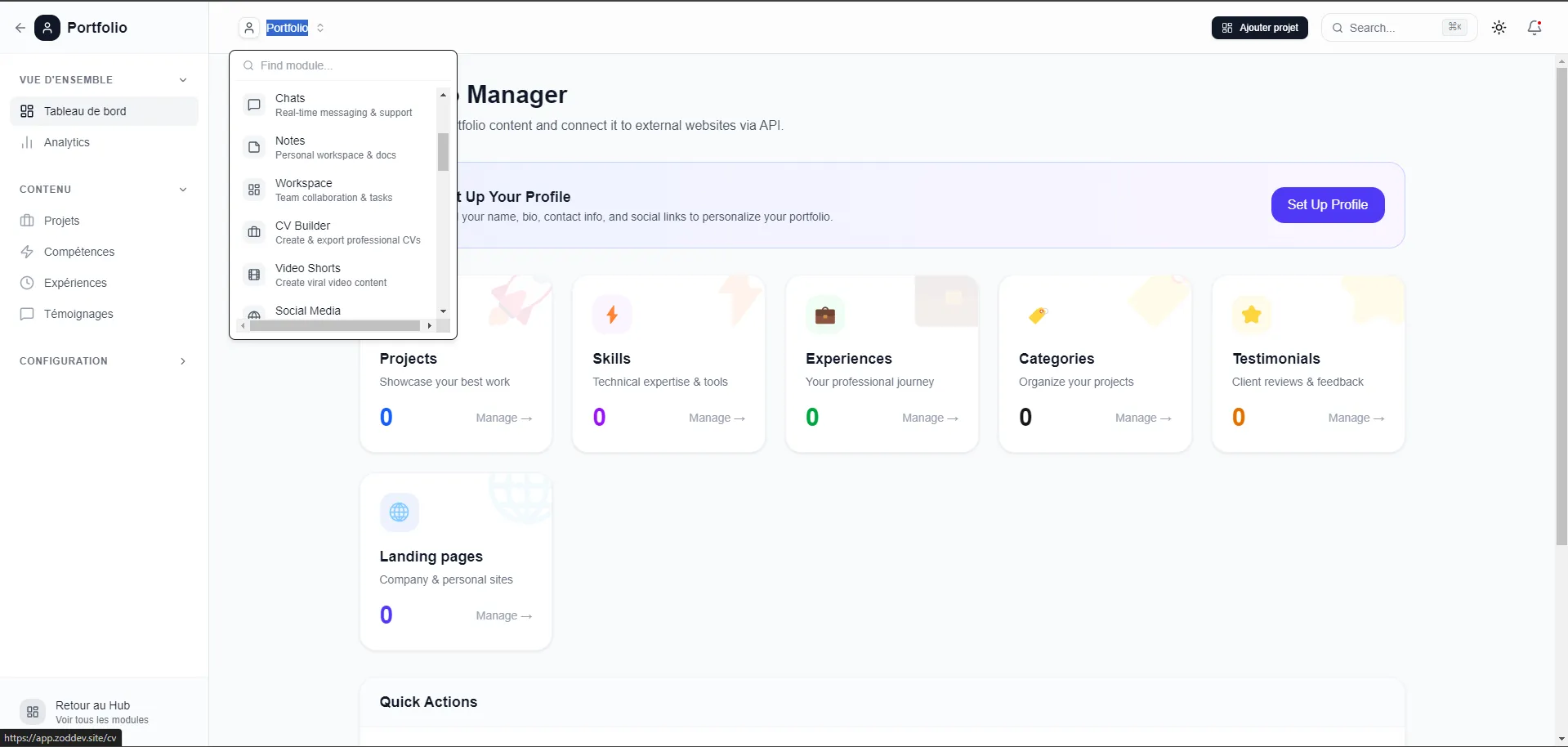 ZodBack portfolio module with projects, skills and experiences management